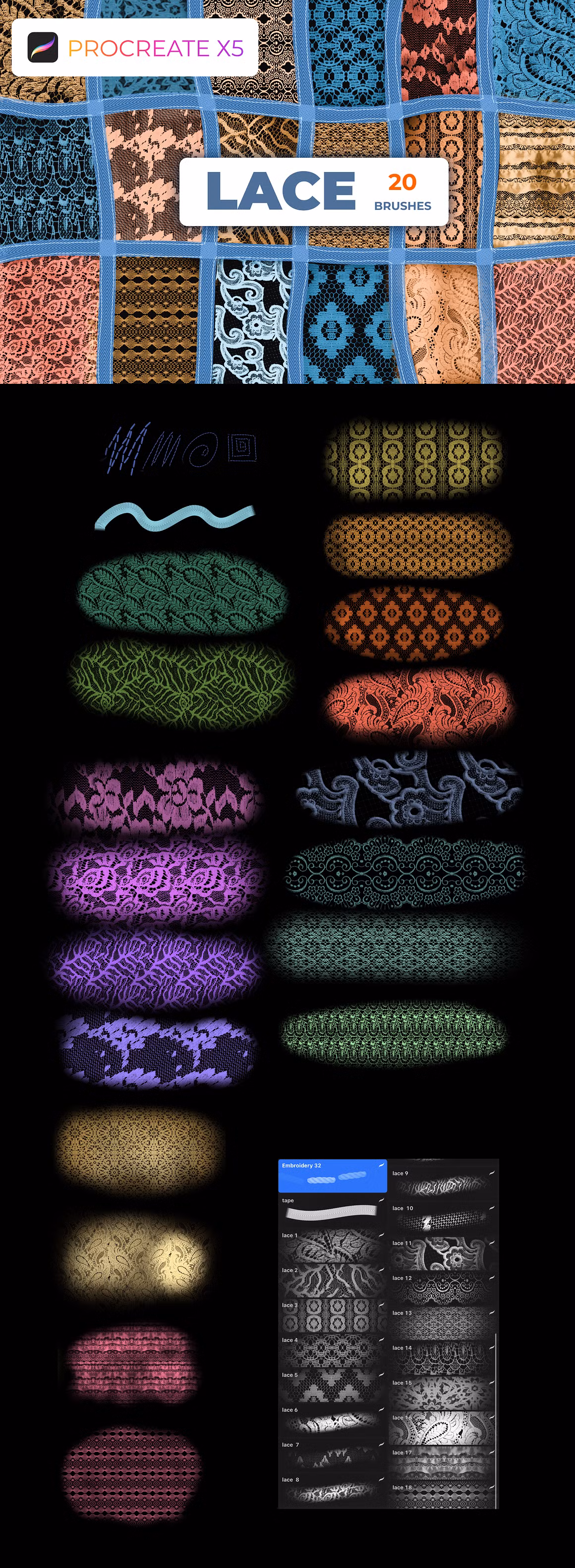 20 lace Procreate Brush Set