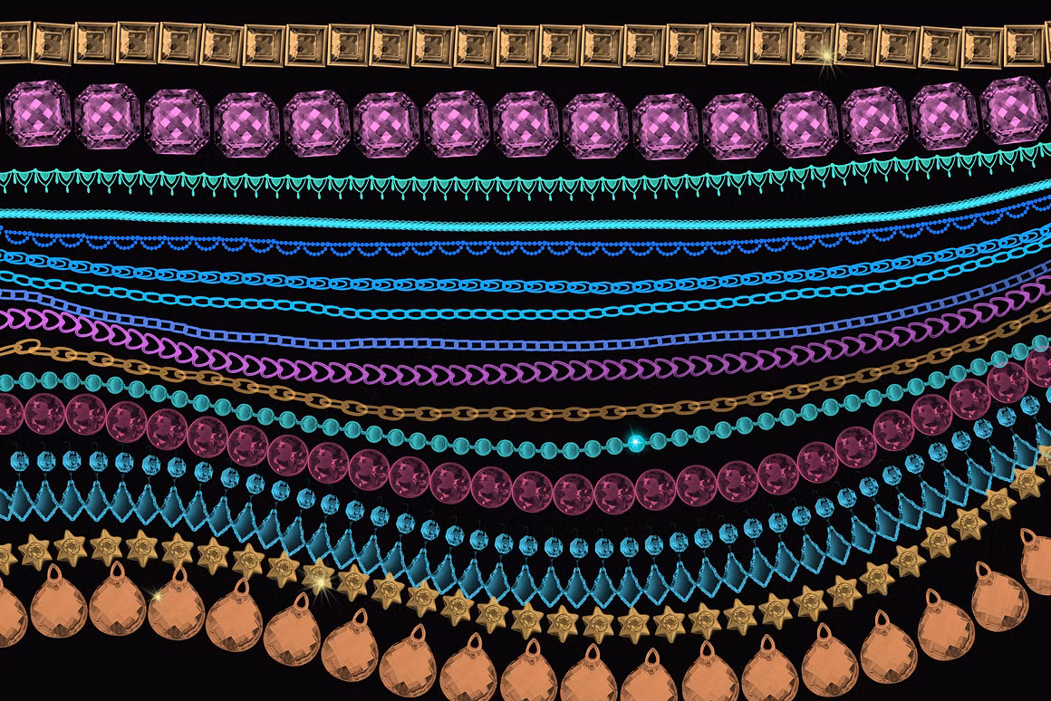 Jewelry, beads, chains and crystals